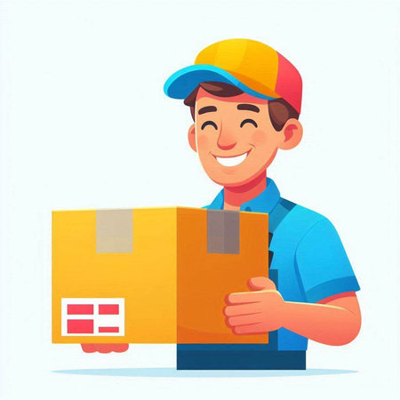 Delivery man holding cardboard box. Vector illustration in flat cartoon style.のイラスト素材