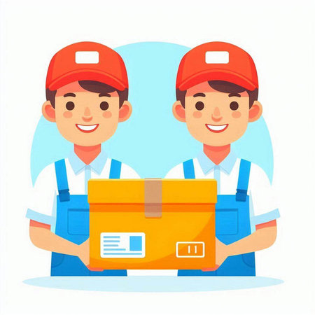 Two smiling delivery men in uniform with boxes. Vector illustration in flat styleのイラスト素材
