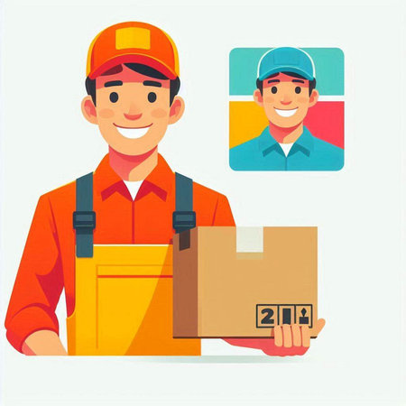 Smiling delivery man in uniform holding parcel box. Vector illustration.のイラスト素材