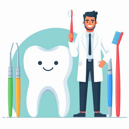 Dentist with toothbrush and toothpaste. Vector illustration in cartoon styleのイラスト素材
