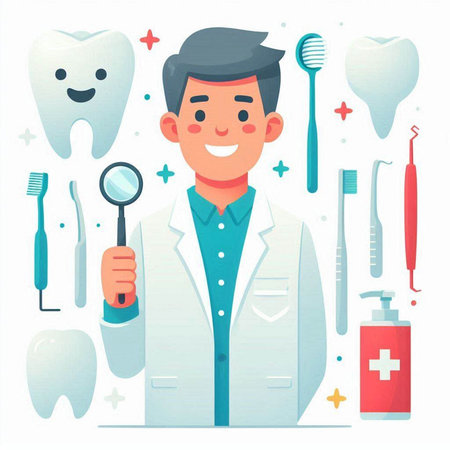 Dentist in white coat with stomatology tools. Cartoon vector illustrationのイラスト素材