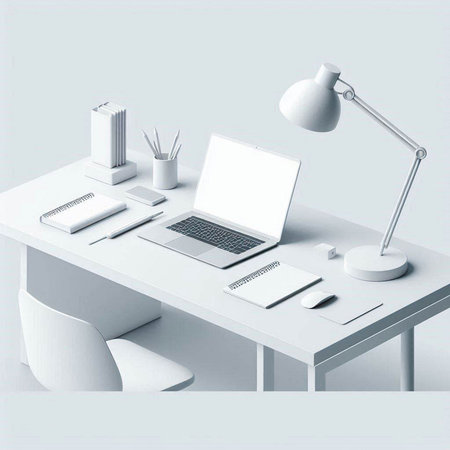 Modern office desk with laptop, supplies and other items. Workplace concept. 3D Renderingのイラスト素材