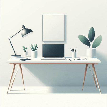 workplace with computer, lamp and plant, 3d render illustrationのイラスト素材