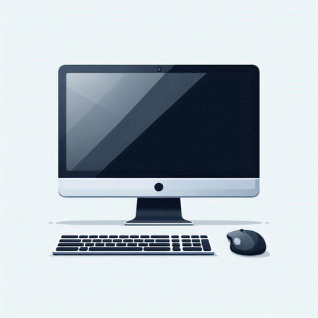 Computer with keyboard and mouse on a white background. Vector illustration.のイラスト素材