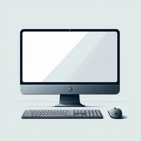 Desktop computer with blank screen and mouse on white background. 3D renderingのイラスト素材