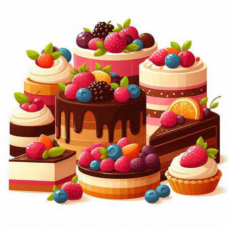 Illustration of a set of different cakes with berries on a white backgroundのイラスト素材