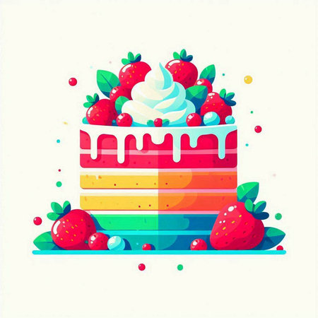 Vector illustration of cake with cream and strawberries on a white background.のイラスト素材