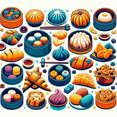Baklava, dumplings, chinese bun, mochi, rice cake, earthenware, dim sum, mochi, gyoza, earthenware, japanese food illustrationのイラスト素材