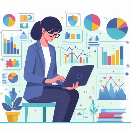Businesswoman working on laptop in office. Vector illustration in flat styleのイラスト素材