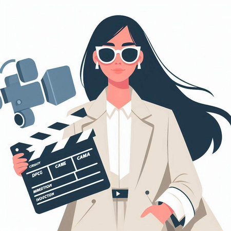 Cinema girl with clapperboard. Vector illustration in flat styleのイラスト素材