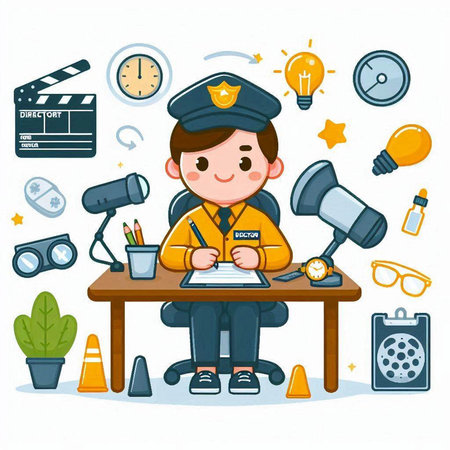 Policeman working at the table. Cute cartoon vector illustration.のイラスト素材