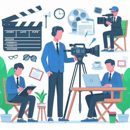 Cinema production concept. Filmmaking crew working with movie director. Filmmaking crew, film crew, cameraman and cameraman. Vector illustrationのイラスト素材