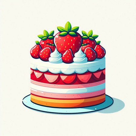 Vector illustration of strawberry cake with whipped cream and fresh strawberries on top.のイラスト素材