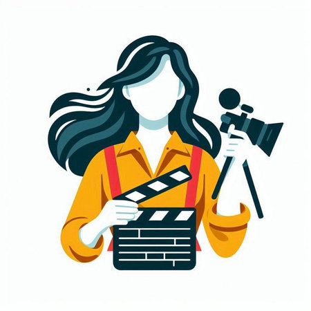 Cinema girl with clapperboard and camera. Vector illustration.のイラスト素材
