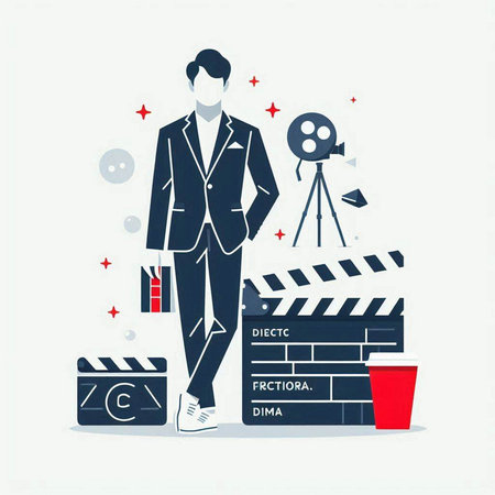Vector illustration of movie director with film reel and clapperboard.のイラスト素材