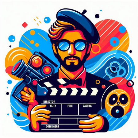 Cinematographer with movie camera. Movie production. Vector illustrationのイラスト素材