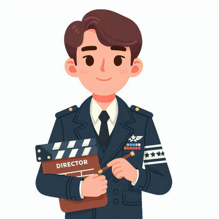 Young man in police uniform with movie clapper board. Vector illustration.のイラスト素材
