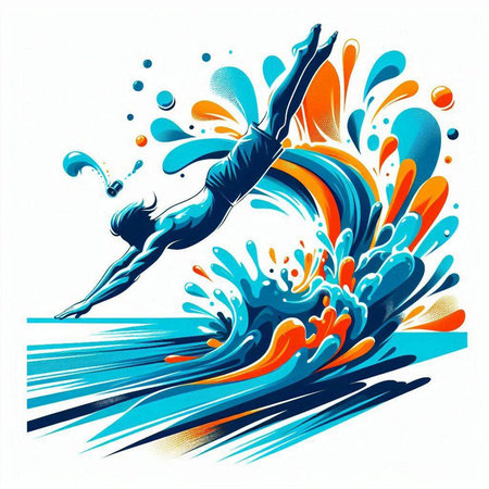 Vector illustration of a man jumping in the water with splashes.のイラスト素材