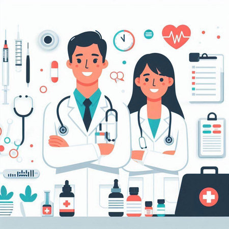 Doctor and nurse with stethoscope. Flat design vector illustration.のイラスト素材
