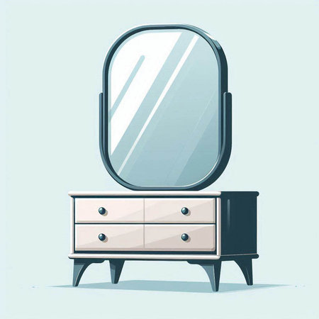 Illustration of a mirror on a chest of drawers on a blue backgroundのイラスト素材