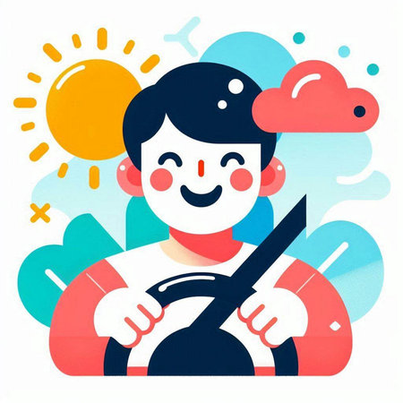 Man driving a car with a steering wheel. Vector illustration in flat style.のイラスト素材