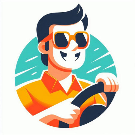 Vector illustration of a man driving a car on the road. Flat style.のイラスト素材