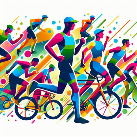 Cyclists and cyclists in colorful abstract background. Vector illustration.のイラスト素材