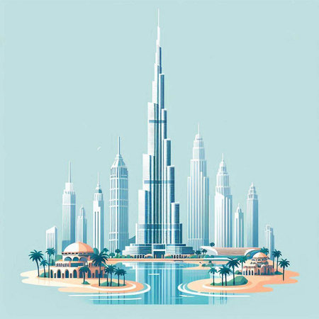Dubai skyline with skyscrapers and palm trees. Vector illustration.のイラスト素材