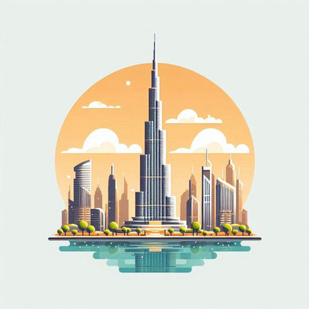 Dubai skyline in flat style with skyscrapers. Vector illustration.のイラスト素材