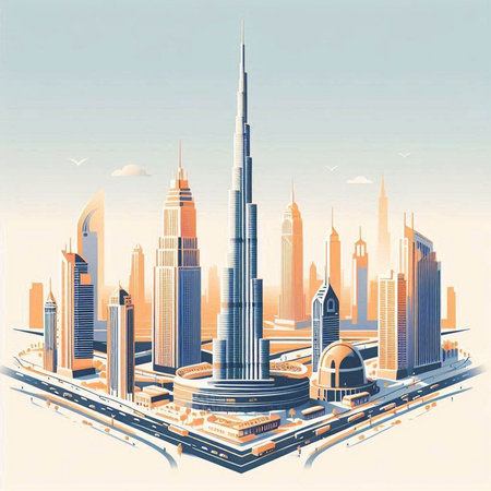 Vector illustration of Dubai city skyline with skyscrapers and buildings.のイラスト素材