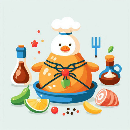 Cute cartoon chicken in a chef hat on a plate. Vector illustration.のイラスト素材