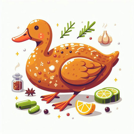 Illustration of a cute cartoon duck and ingredients for cooking on a white backgroundのイラスト素材