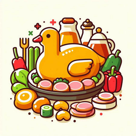 Illustration of a duck on a plate with vegetables and meat.のイラスト素材