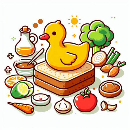 Vector illustration of a healthy food with yellow rubber duck and ingredients.のイラスト素材