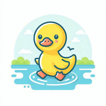 Cute yellow rubber duck on the background of the lake. Vector illustrationのイラスト素材