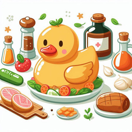 Illustration of a Cute Duck with Herbs and Fruitsのイラスト素材