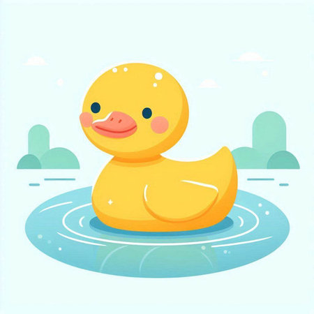 Cute yellow rubber duck swimming in the lake. Vector illustration.のイラスト素材