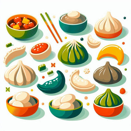 Set of Chinese dumplings in cartoon style. Vector illustration.のイラスト素材