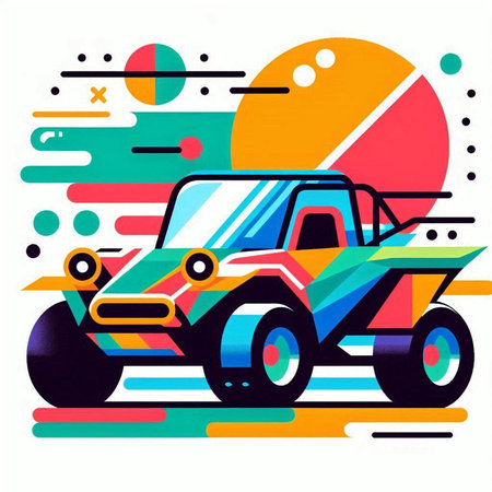 Colorful illustration of a monster truck on a background of colorful geometric shapesのイラスト素材