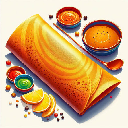 Vector illustration of a set of colorful crepes with orange and lemon slicesのイラスト素材