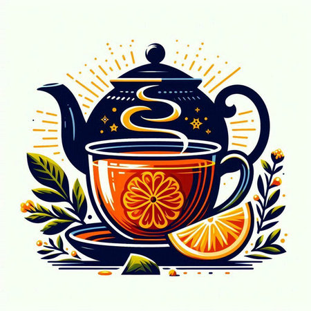 Cup of tea and teapot with floral ornament. Vector illustration.のイラスト素材
