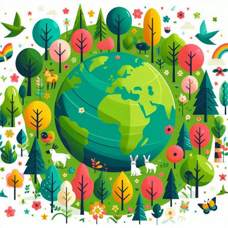Vector illustration of Earth with trees, grass, flowers and butterflies.のイラスト素材