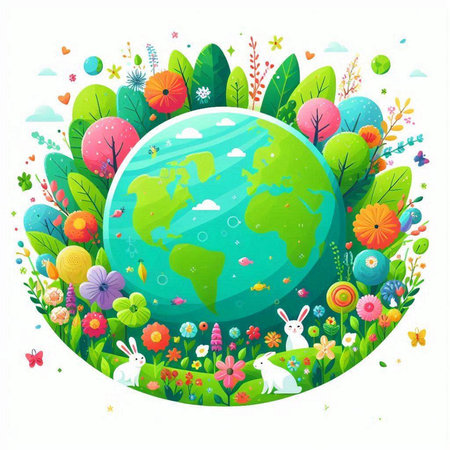 Easter planet with flowers, grass and flowers. Vector illustration.のイラスト素材
