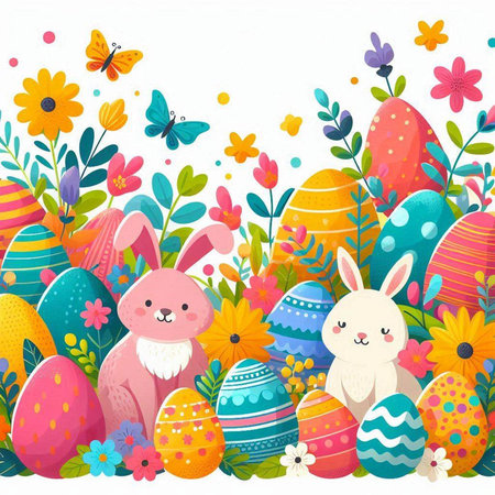 Easter background with bunny, eggs and flowers. Vector illustration.のイラスト素材