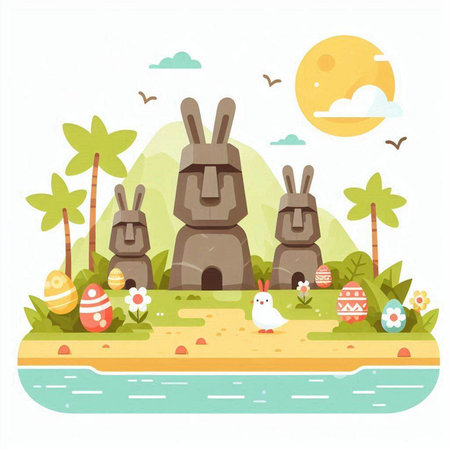 Easter bunny and eggs on the beach, flat vector illustration.のイラスト素材