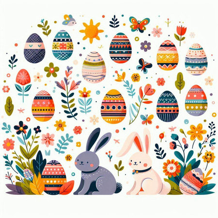 Easter eggs, bunny, flowers and leaves. Vector illustration.のイラスト素材