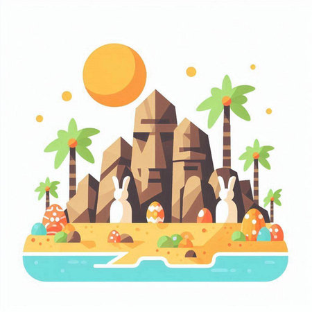 Tropical island with palm trees, sand, rocks and sea. Vector illustrationのイラスト素材