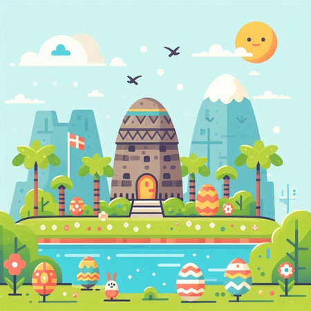 Vector illustration of Easter eggs in the park. Flat style design.のイラスト素材