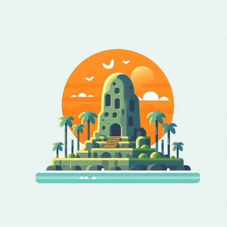 Palm trees and ancient temple in flat style. Vector illustration.のイラスト素材