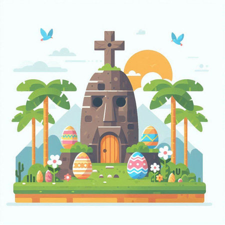 Easter egg hunt vector illustration in flat cartoon style. Happy Easter concept.のイラスト素材